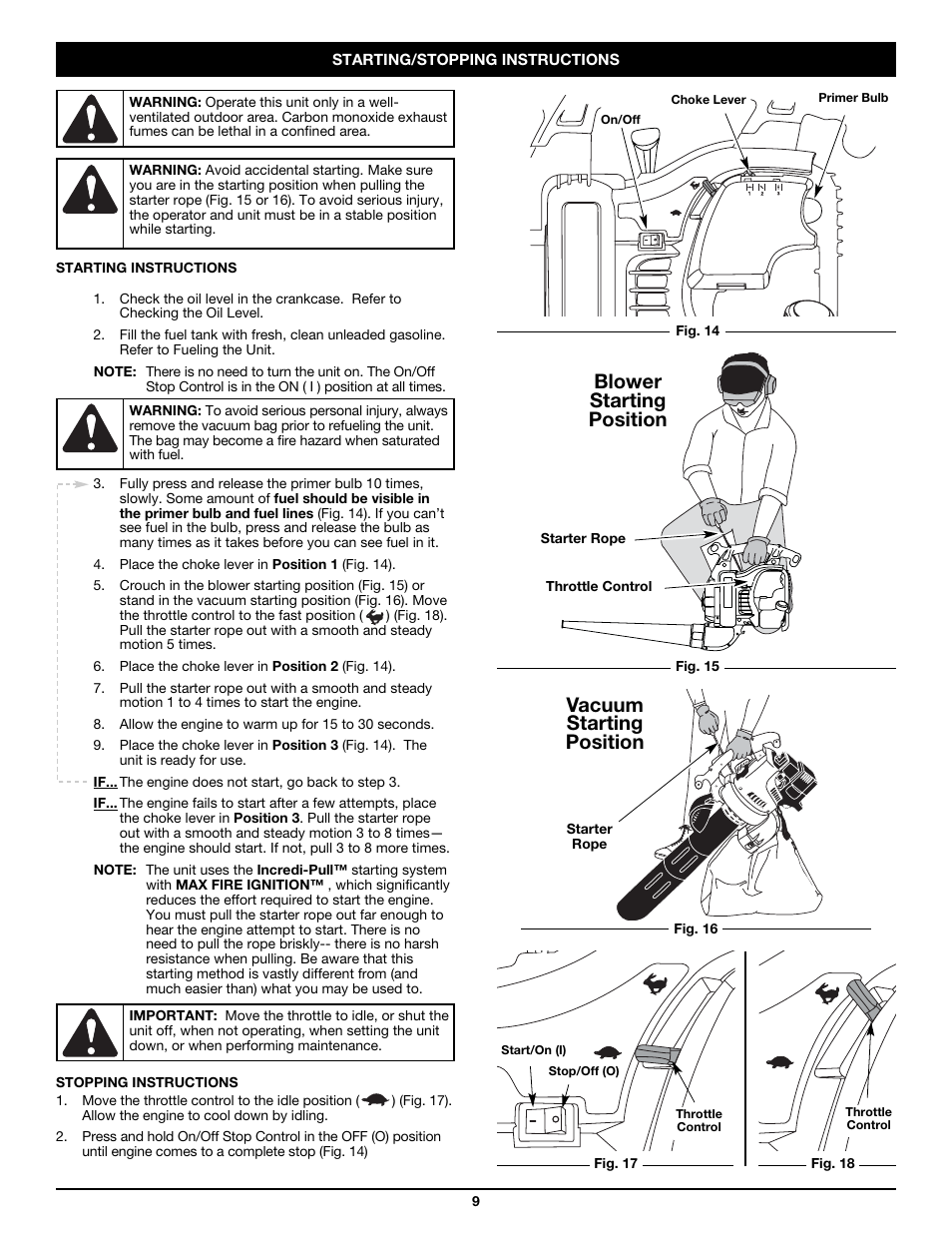Vacuum starting position, Blower starting position | Craftsman 316.79498 User Manual | Page 9 / 40