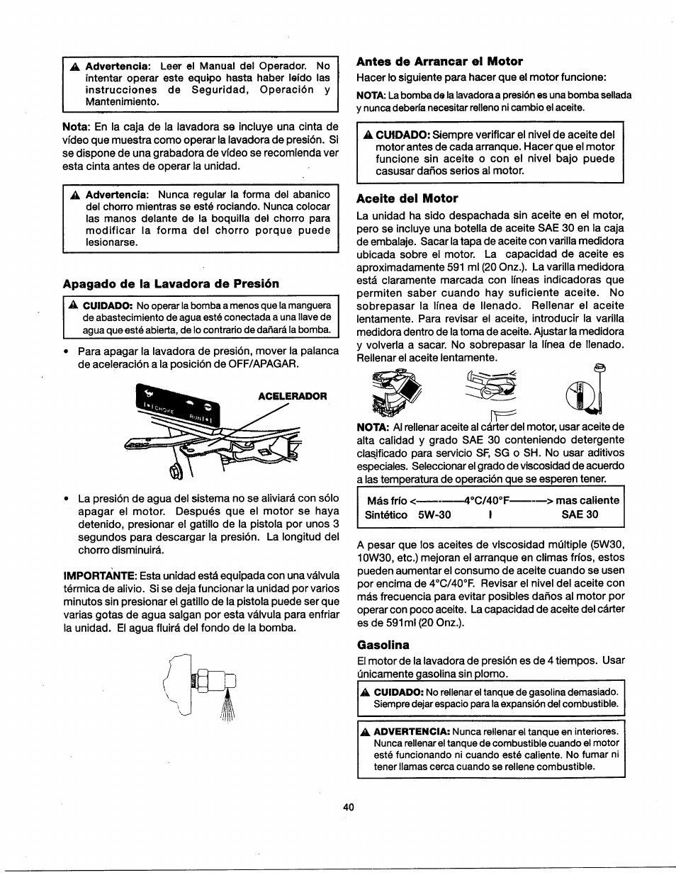 Apagado de la lavadora de presión, Antes de arrancar el motor, Aceite del motor | Gasolina | Craftsman 919.762350 User Manual | Page 40 / 54