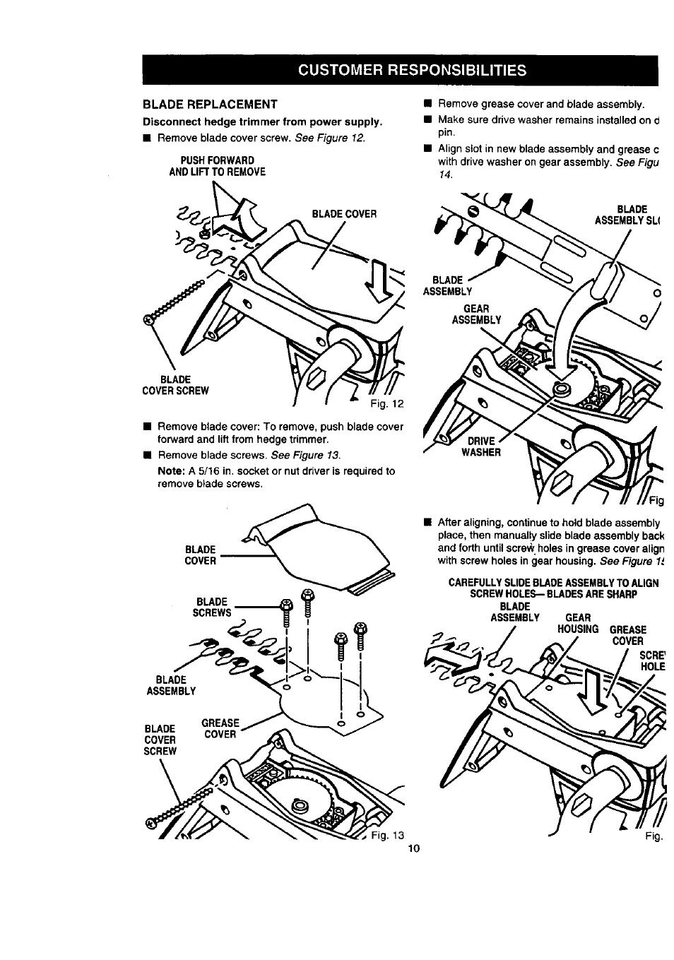 Customer responsibilities, Blade replacement | Craftsman 315.798890 User Manual | Page 10 / 14