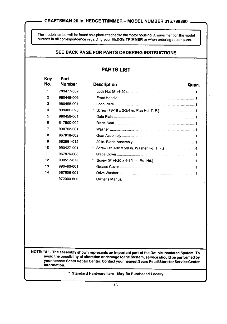 Parts list | Craftsman 315.798890 User Manual | Page 13 / 14