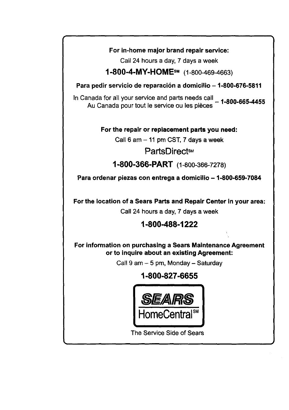 800-4-my-home®« (1-800-469-4663), Partsdirects, 800-4-my-home | Craftsman 315.798890 User Manual | Page 14 / 14