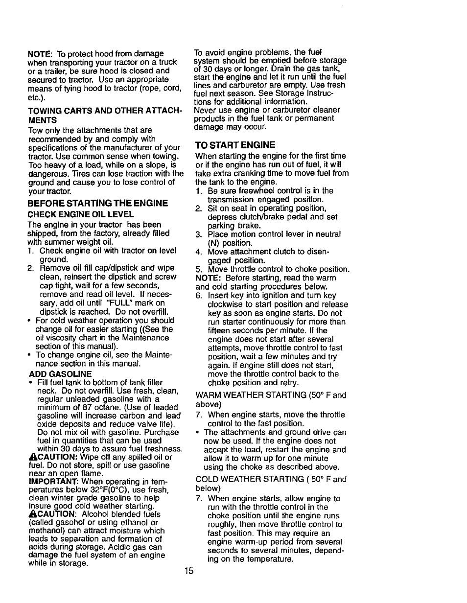 Towing carts and other attachments, Before starting the engine check engine oil level, Add gasoline | Craftsman 917.272068 User Manual | Page 15 / 64