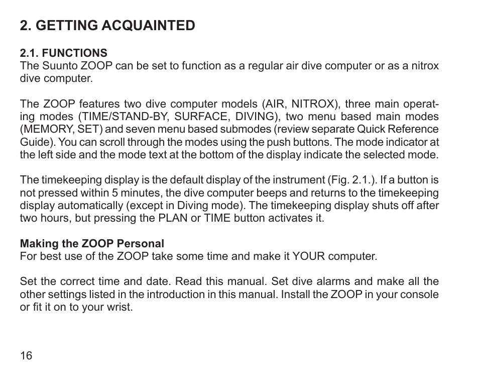 Getting acquainted, Functions | SUUNTO Zoop User Manual | Page 18 / 108