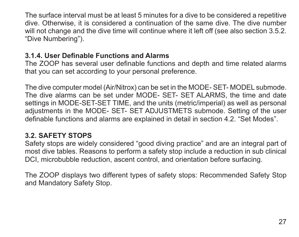 User definable functions and alarms, Safety stops | SUUNTO Zoop User Manual | Page 29 / 108