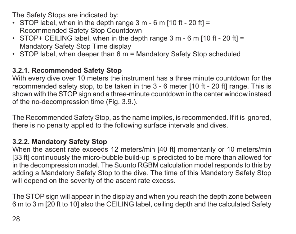 Recommended safety stop, Mandatory safety stop | SUUNTO Zoop User Manual | Page 30 / 108