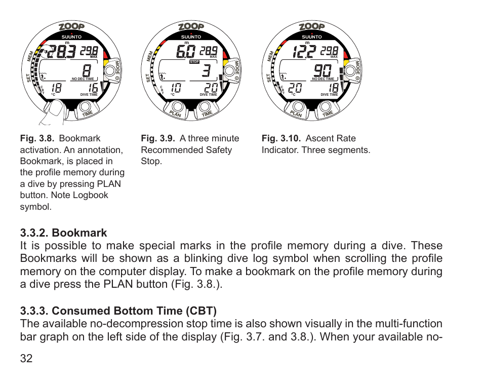 Bookmark, Consumed bottom time (cbt) | SUUNTO Zoop User Manual | Page 34 / 108