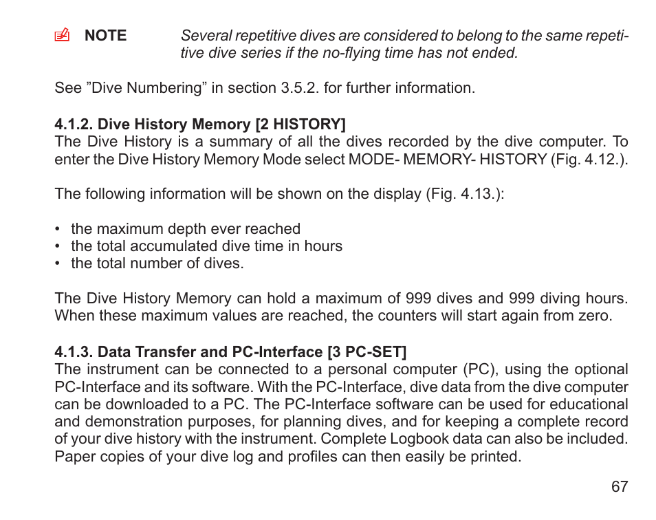 Dive history memory [2 history, Data transfer and pc-interface [3 pc-set | SUUNTO Zoop User Manual | Page 69 / 108