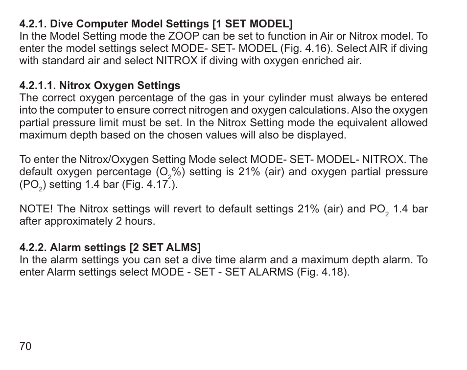 Dive computer model settings [1 set model, Nitrox oxygen settings, Alarm settings [2 set alms | SUUNTO Zoop User Manual | Page 72 / 108