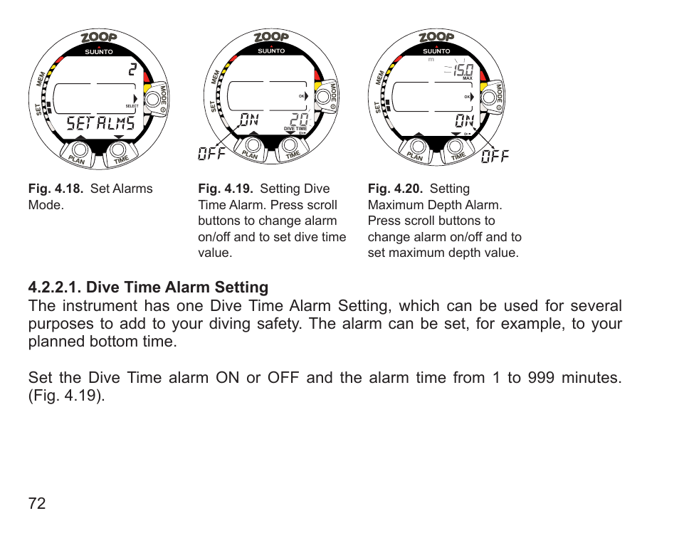 Dive time alarm setting | SUUNTO Zoop User Manual | Page 74 / 108