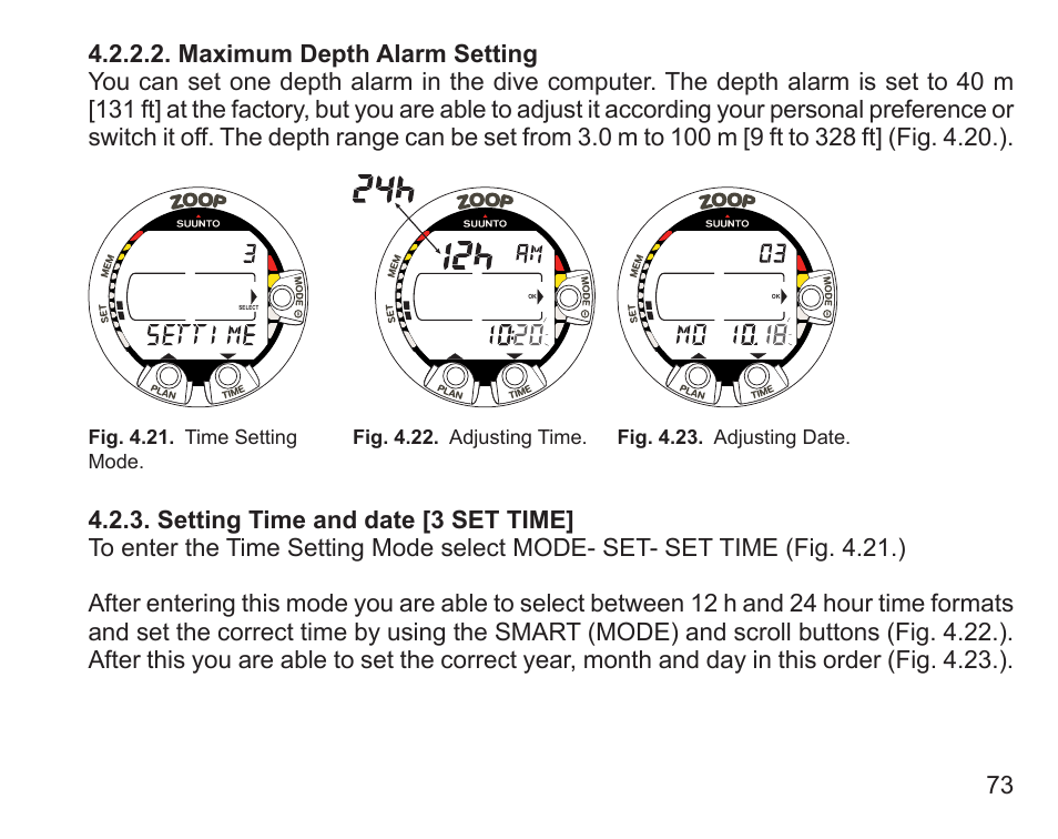 Maximum depth alarm setting, Setting time and date [3 set time | SUUNTO Zoop User Manual | Page 75 / 108