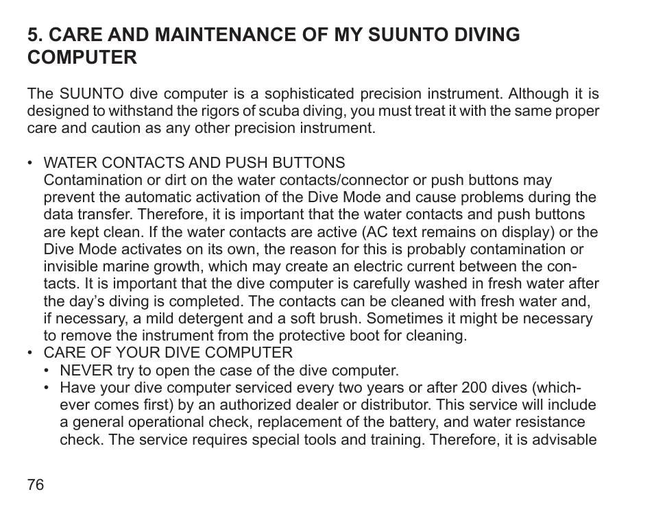 Care and maintenance of my suunto diving computer | SUUNTO Zoop User Manual | Page 78 / 108