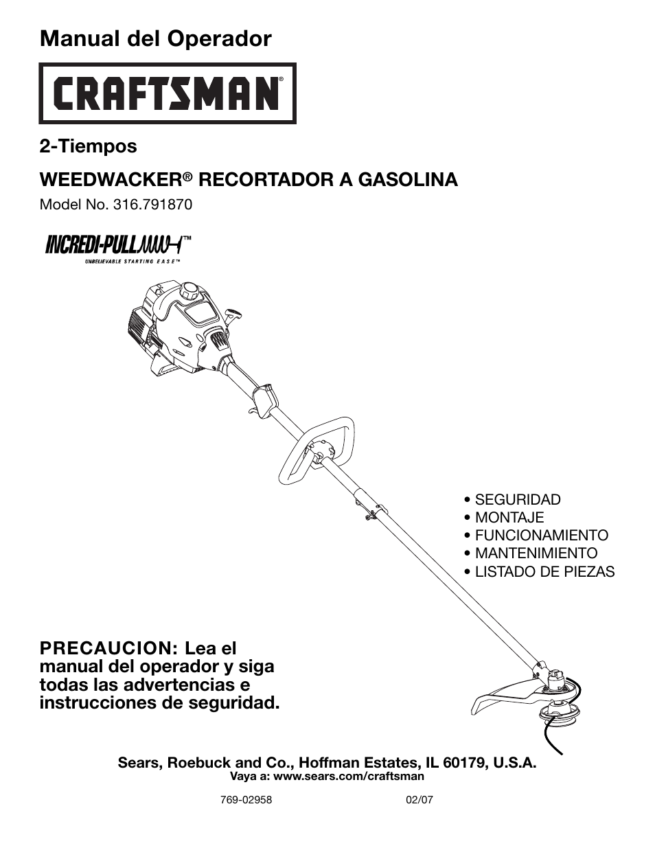 Manual del operador, Tiempos weedwacker, Recortador a gasolina | Craftsman 316.79187 User Manual | Page 15 / 32