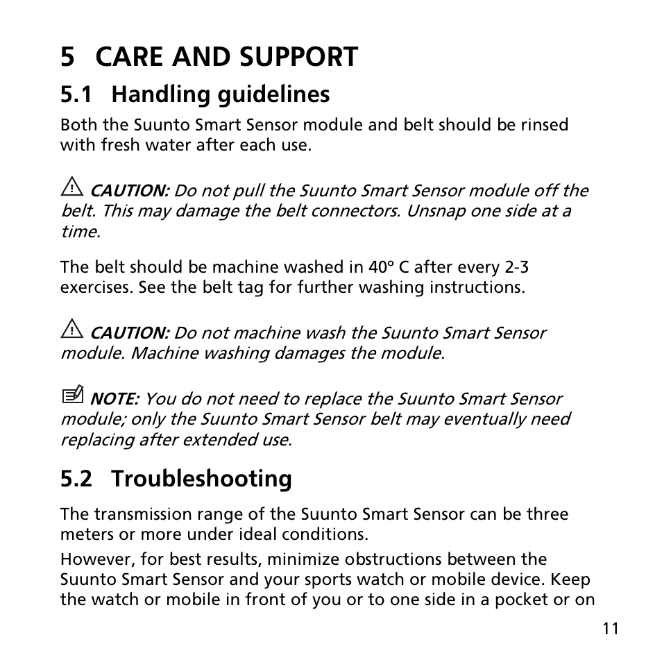 5 care and support, 1 handling guidelines, 2 troubleshooting | SUUNTO SMART SENSOR User Manual | Page 11 / 22