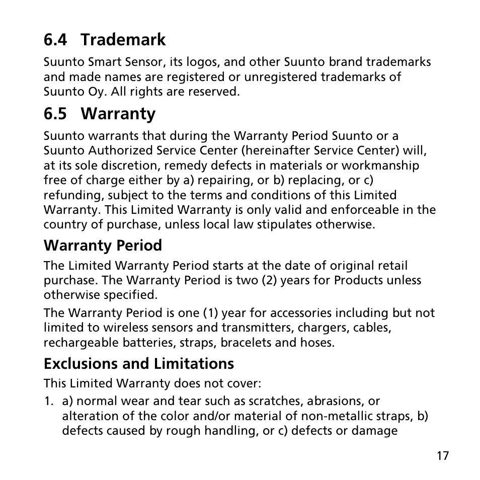 4 trademark, 5 warranty | SUUNTO SMART SENSOR User Manual | Page 17 / 22