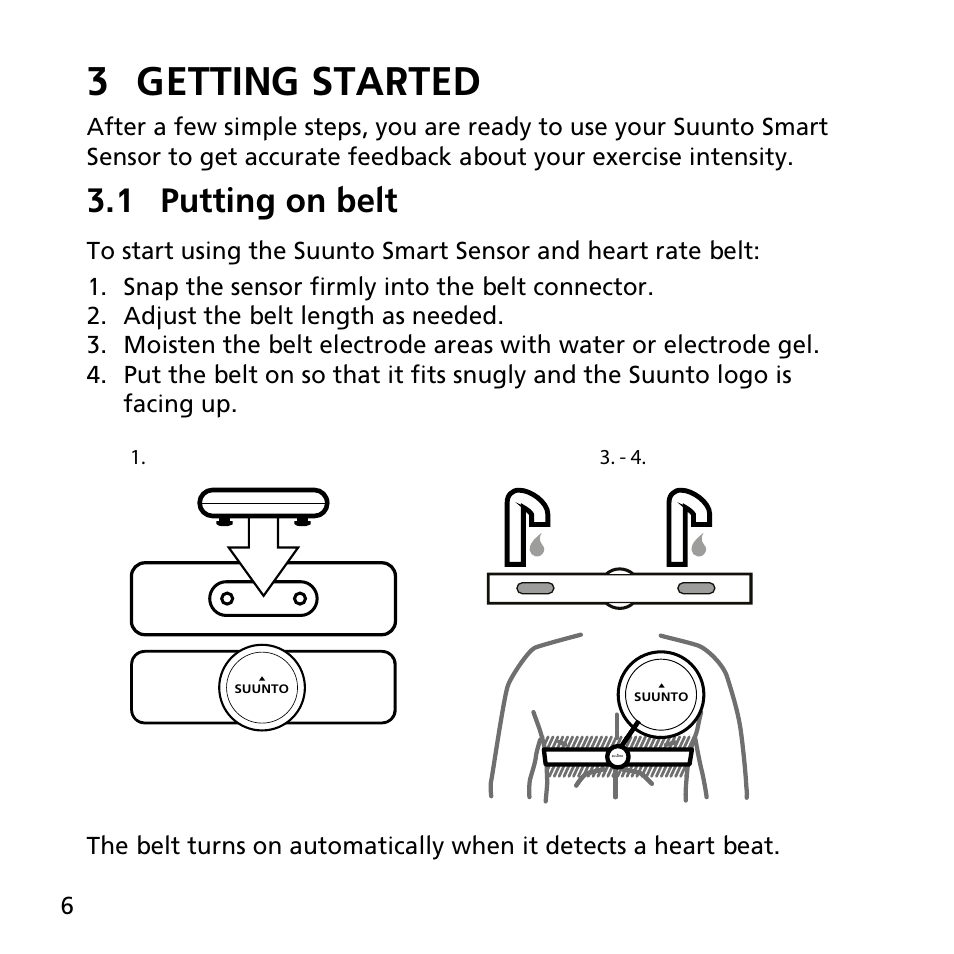 3 getting started, 1 putting on belt | SUUNTO SMART SENSOR User Manual | Page 6 / 22