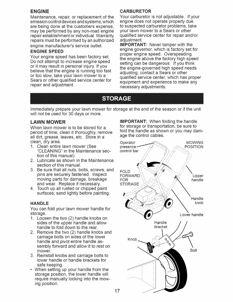 Storage, Handle | Craftsman 917.376543 User Manual | Page 17 / 48