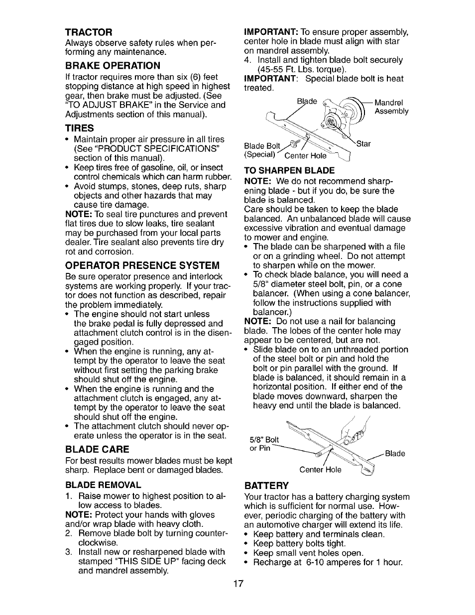 Tractor, Brake operation, Tires | Operator presence system, Blade care, Battery | Craftsman 917.275283 User Manual | Page 17 / 60