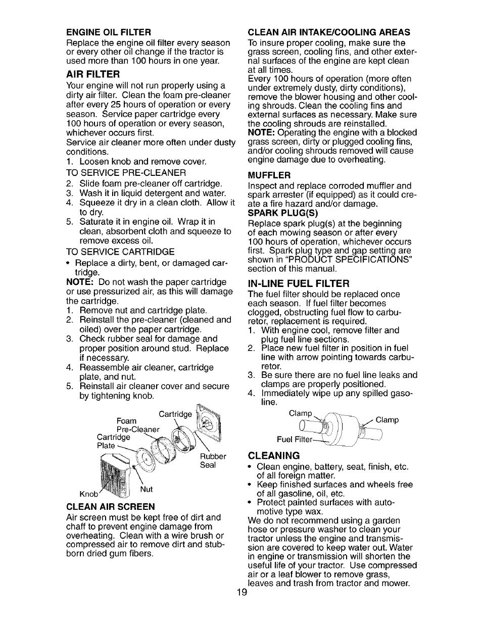 Air filter, In-line fuel filter, Cleaning | Craftsman 917.275283 User Manual | Page 19 / 60