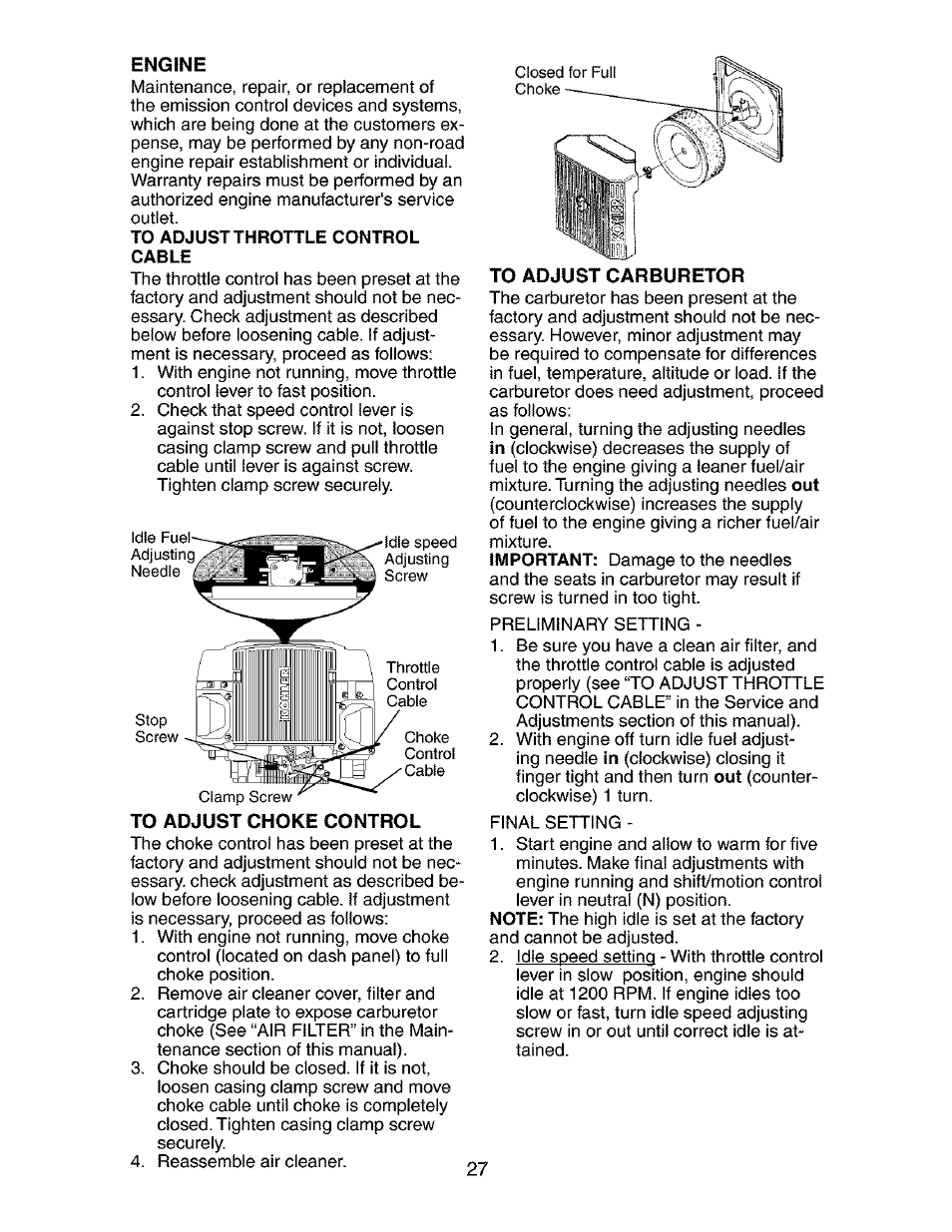 Engine, To adjust choke control, To adjust carburetor | Craftsman 917.275283 User Manual | Page 27 / 60