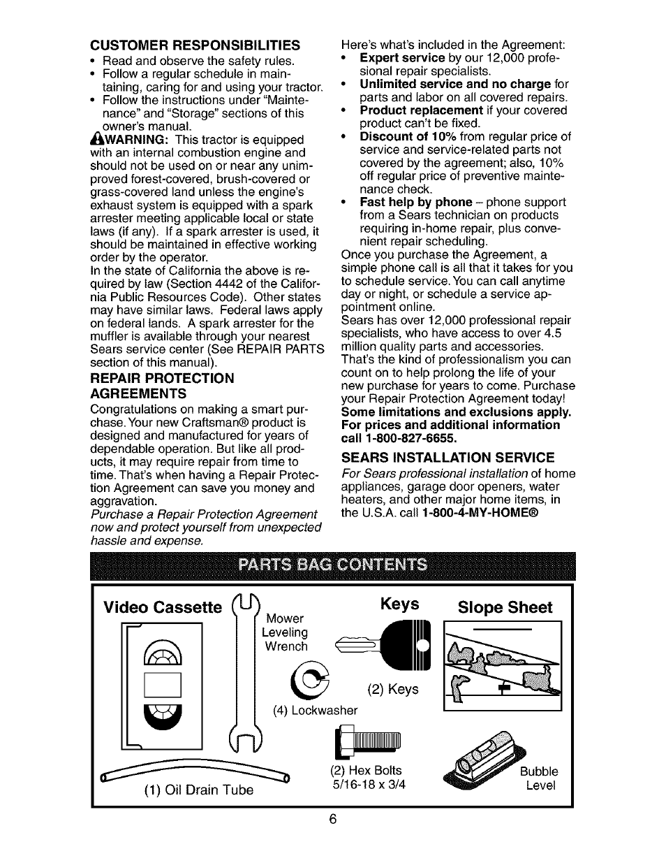 Customer responsibilities, Repair protection, Sears installation service | Video cassette (lh, Keys slope sheet | Craftsman 917.275283 User Manual | Page 6 / 60