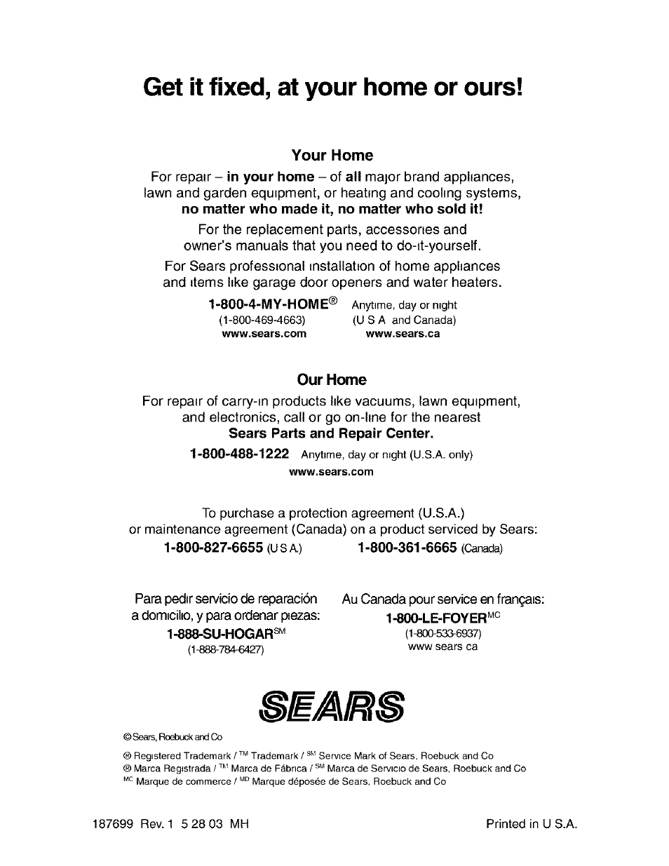 800-827-6655 (usa), Get it fixed, at your home or ours, Your home | Our home | Craftsman 917.275283 User Manual | Page 60 / 60