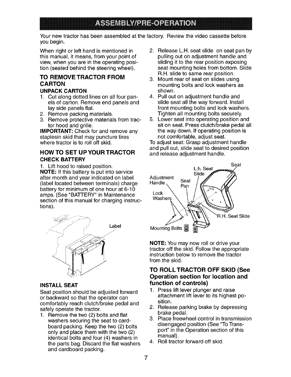 Unpack carton, Check battery, Install seat | Craftsman 917.275283 User Manual | Page 7 / 60