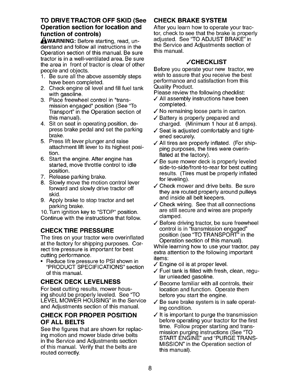 Check tire pressure, Check deck levelness, Check for proper position of all belts | Check brake system, Checklist | Craftsman 917.275283 User Manual | Page 8 / 60