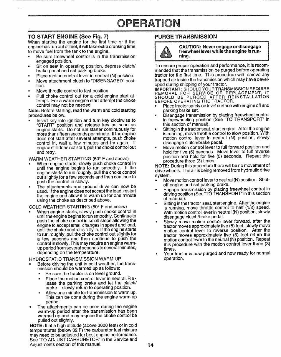 To start engine (see fig. 7), Purge transmissjon, Operation | Craftsman 917.259172 User Manual | Page 14 / 60