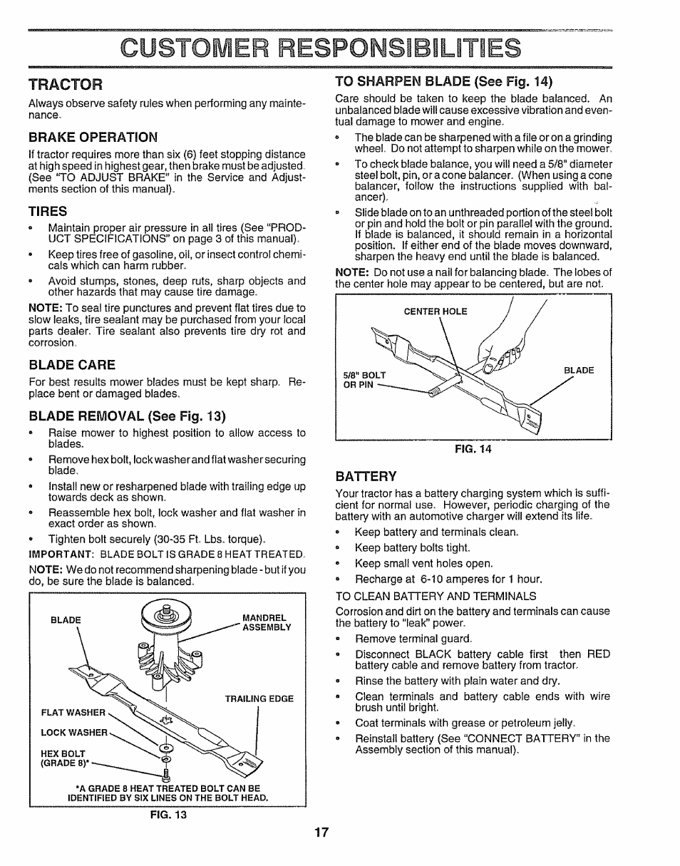 Tractor, Brake operation, Tires | Blade care, Blade removal (see fig. 13), To sharpen blade (see fig. 14), Battery, Customer respomsibilities | Craftsman 917.259172 User Manual | Page 17 / 60