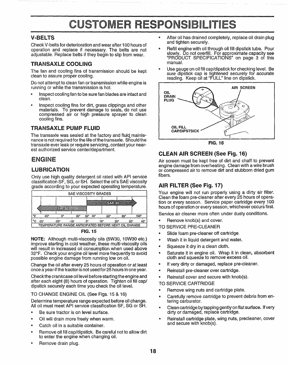 Customer responsibilities, V-belts, Transaxle cooling | Transaxle pump fluid, Engine, Lubrication, Clean air screen {see fig. 16), Air filter (see fig. 17) | Craftsman 917.259172 User Manual | Page 18 / 60