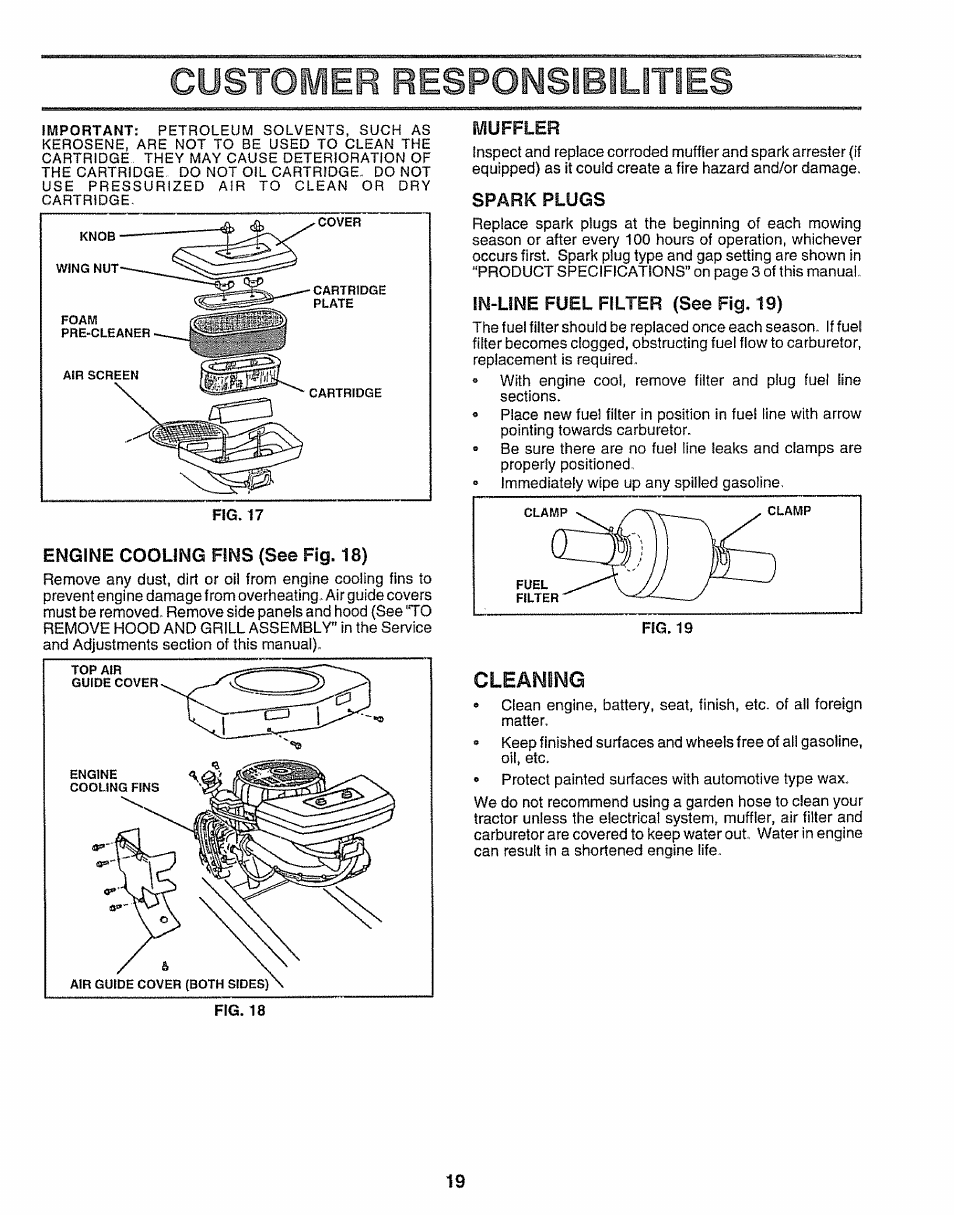 Engine cooling fins {see fig. 18), Muffler, Spark plugs | In-line fuel filter (see fig. 19), Cleaning, Sparkplugs, Customer respomsibillties | Craftsman 917.259172 User Manual | Page 19 / 60