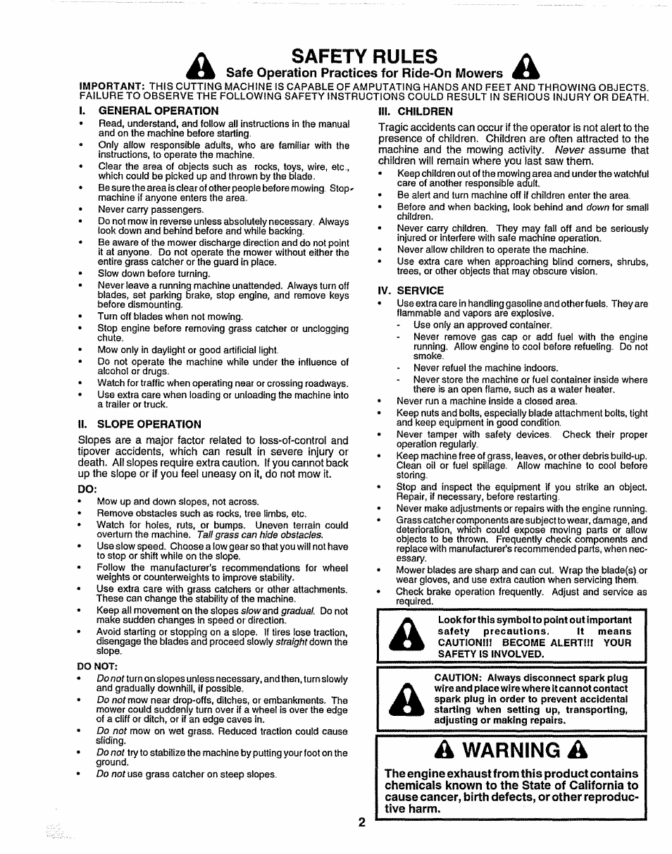 A warning a, Warning, Safe operation practices for ride-on mowers | Craftsman 917.259172 User Manual | Page 2 / 60