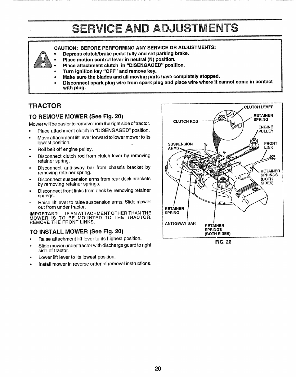 Tractor, To remove mower (see fig. 20), To install mower (see fig. 20) | Service and adjustments | Craftsman 917.259172 User Manual | Page 20 / 60