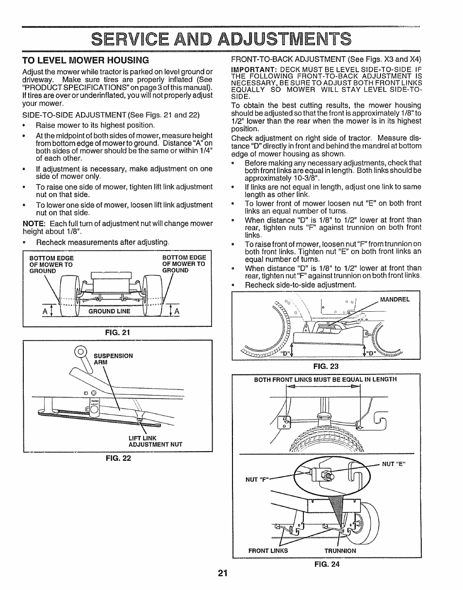 To level mower housing, Service amd adjustments | Craftsman 917.259172 User Manual | Page 21 / 60