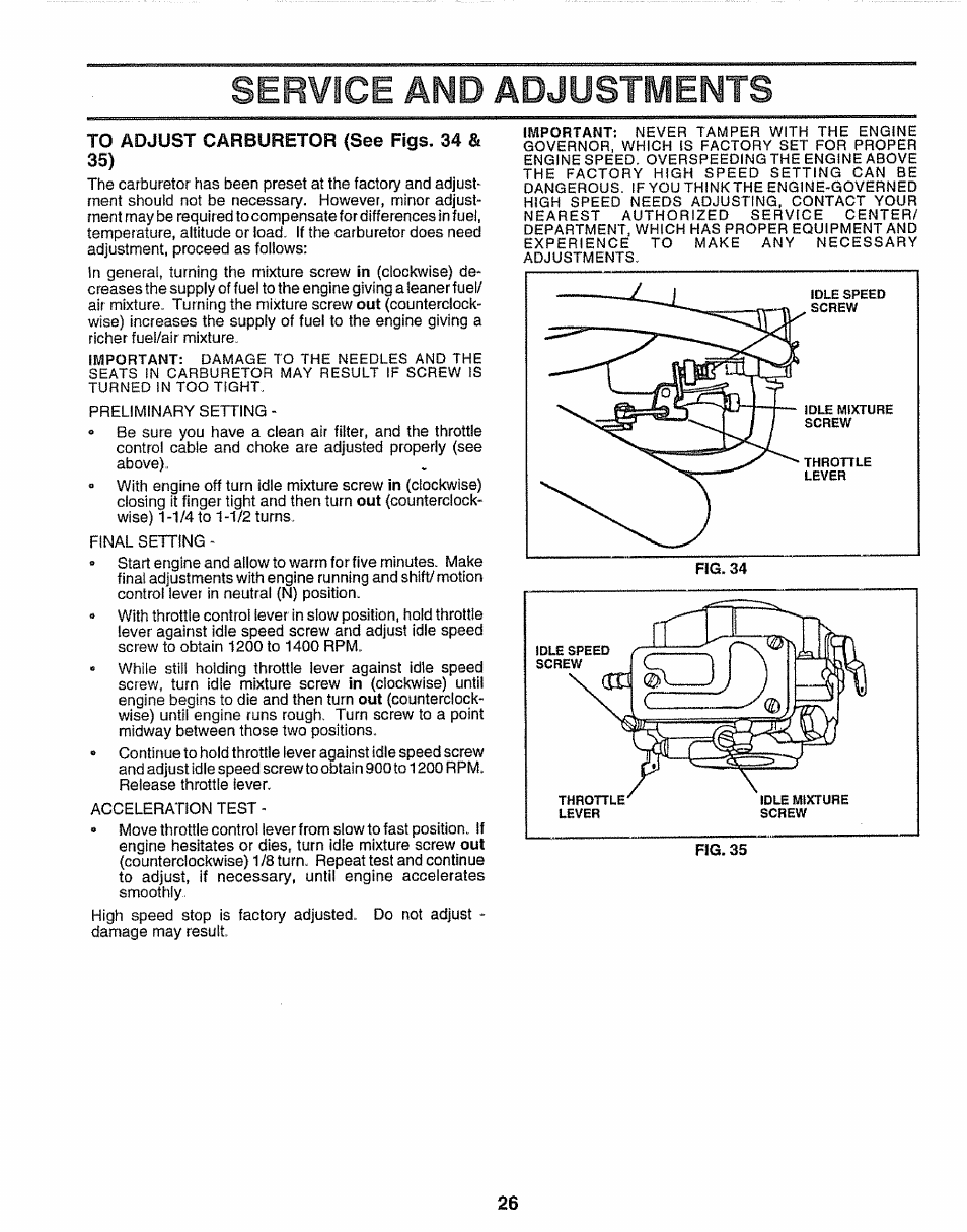 To adjust carburetor (see figs. 34 & 35), Service and adjustments | Craftsman 917.259172 User Manual | Page 26 / 60