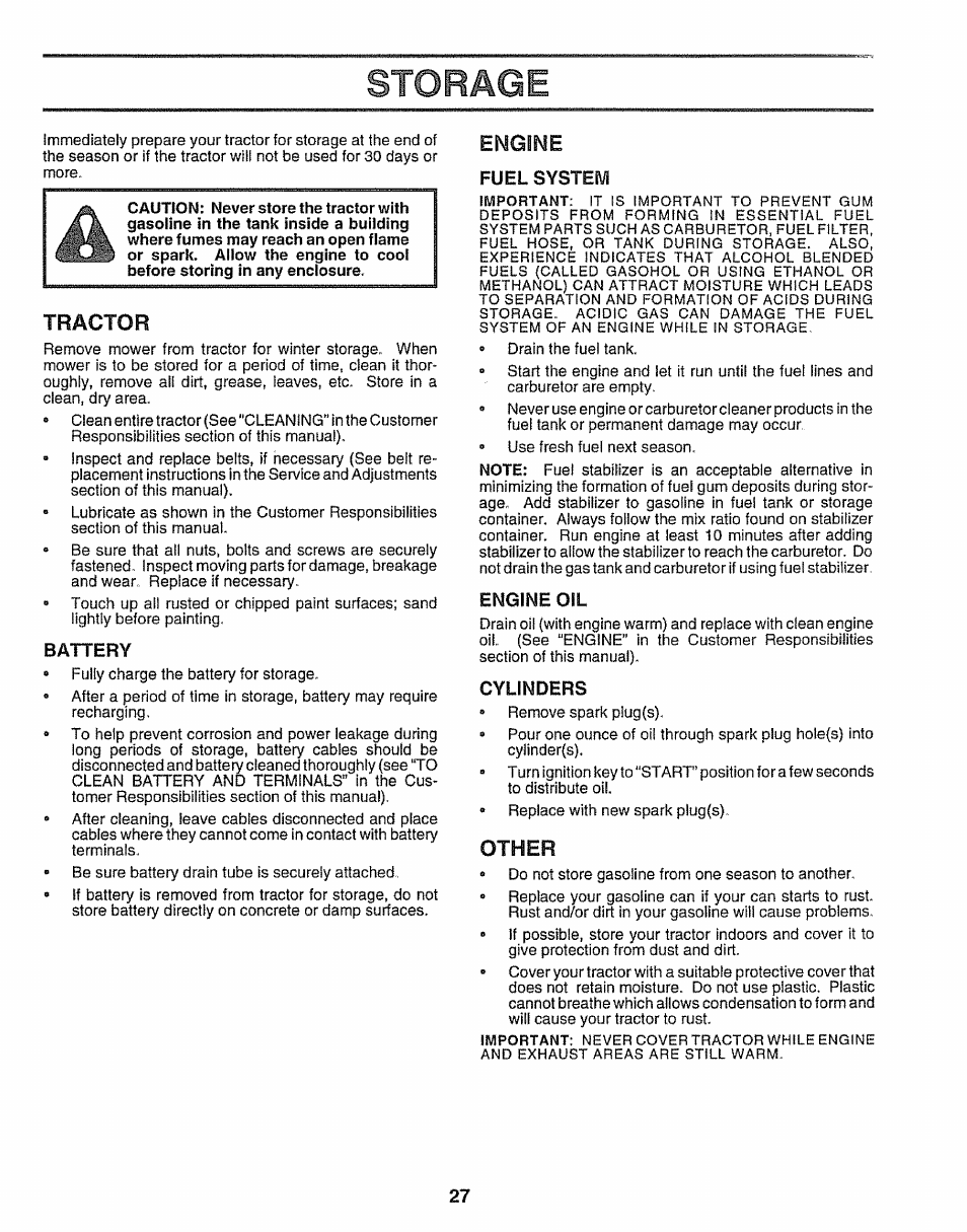 Storage, Tractor, Battery | Engine, Fuel system, Engine oil, Cylinders, Other | Craftsman 917.259172 User Manual | Page 27 / 60