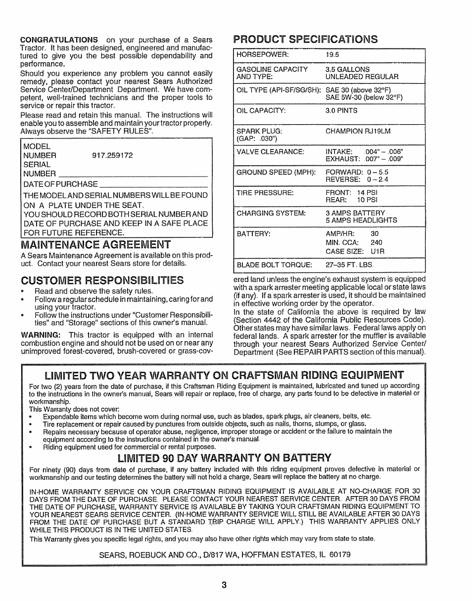 Product specifications, Maintenance agreement, Customer responsibilities | Limited 90 day warranty on battery, Agreement, 90 day warranty on, Maintenance, Limited, Battery | Craftsman 917.259172 User Manual | Page 3 / 60