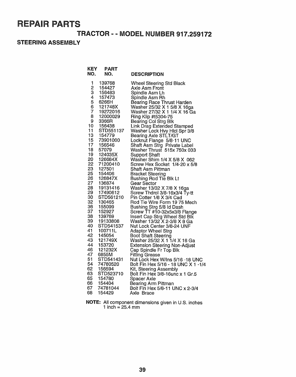 Repair parts, Steering assembly, Tractor | Craftsman 917.259172 User Manual | Page 39 / 60