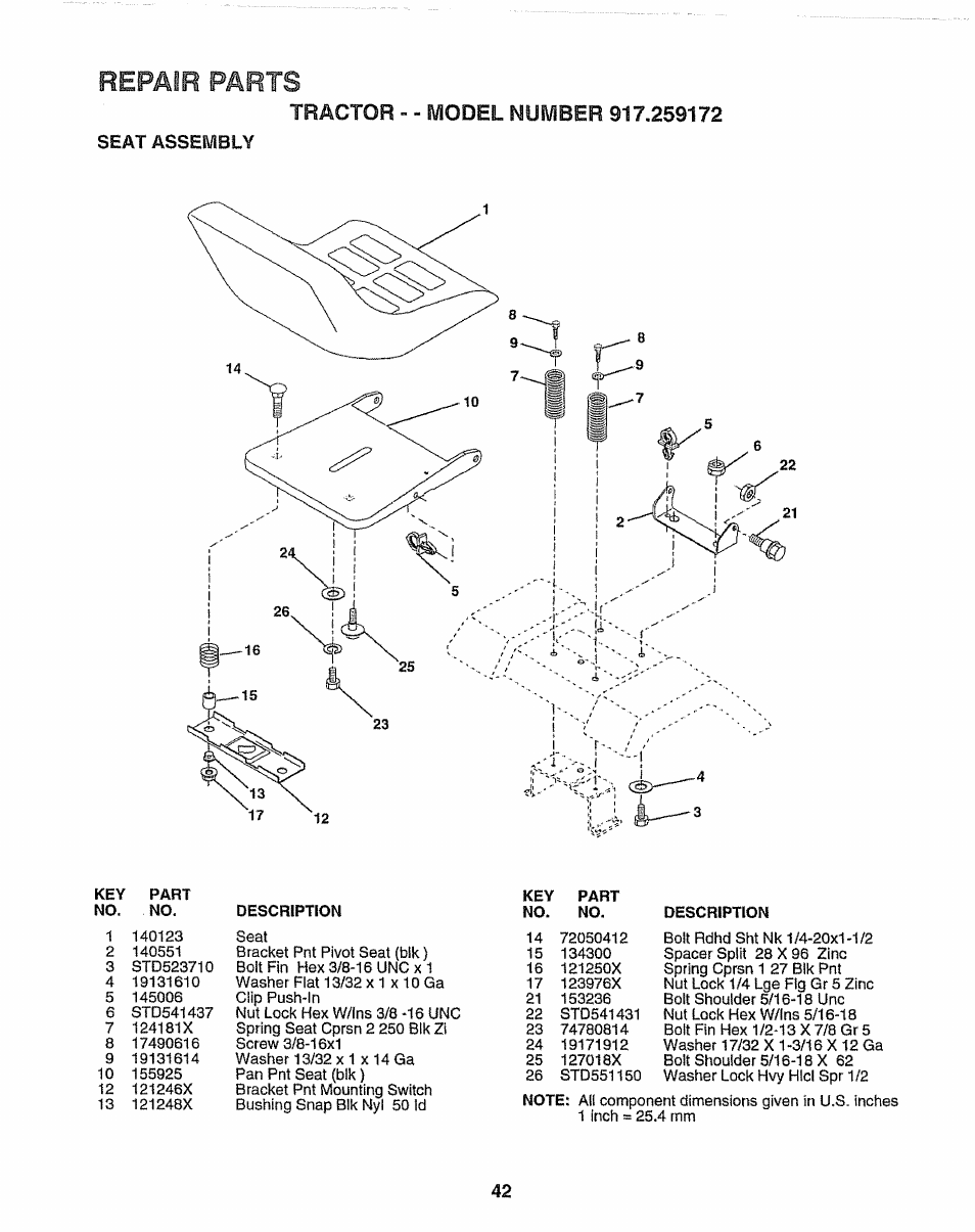 Seat assembly, Repair parts | Craftsman 917.259172 User Manual | Page 42 / 60