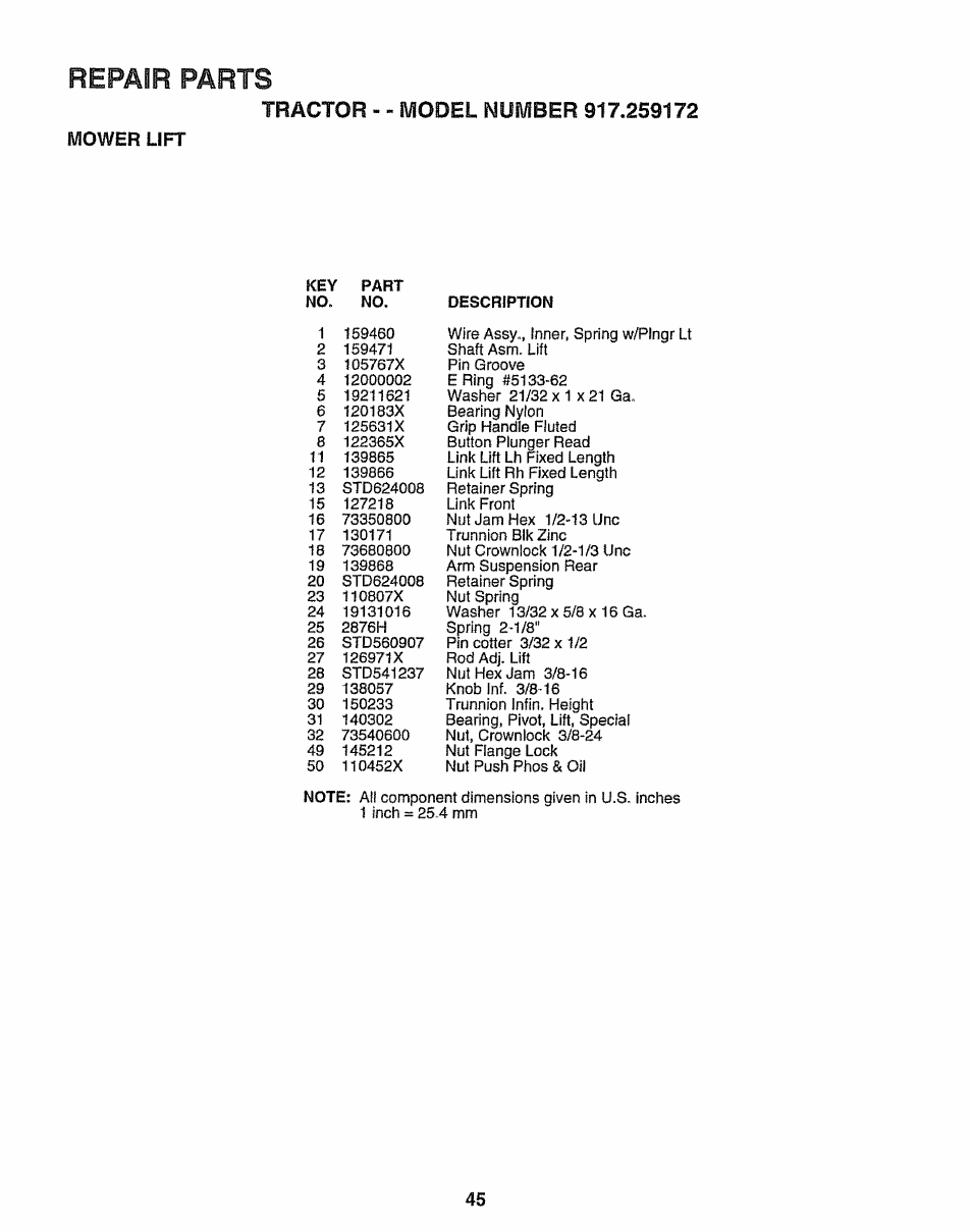 Mower lift, Repair parts | Craftsman 917.259172 User Manual | Page 45 / 60