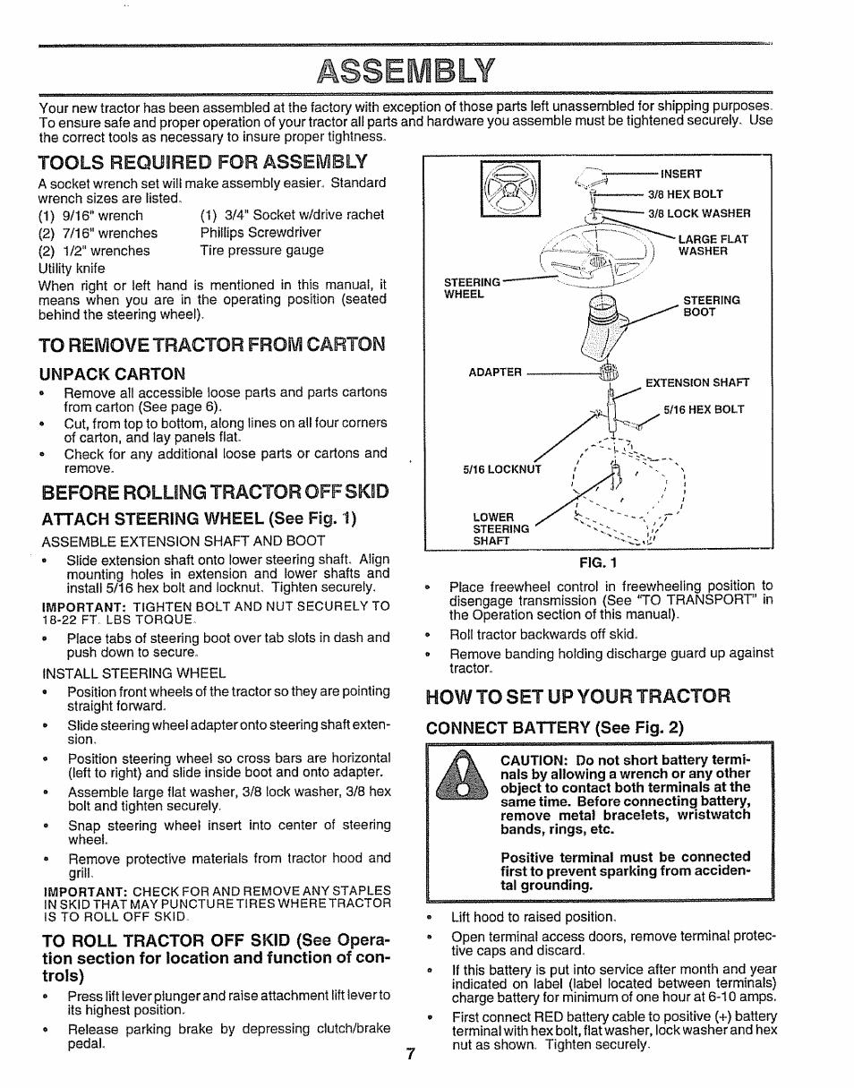 Asseiwbly, To remove tractor from carton unpack carton, How to set up your tractor | Connect battery (see fig. 2), Assembly *9, Tools required for assembly, Remove tractor from carton, Before rolling tractor off skid | Craftsman 917.259172 User Manual | Page 7 / 60