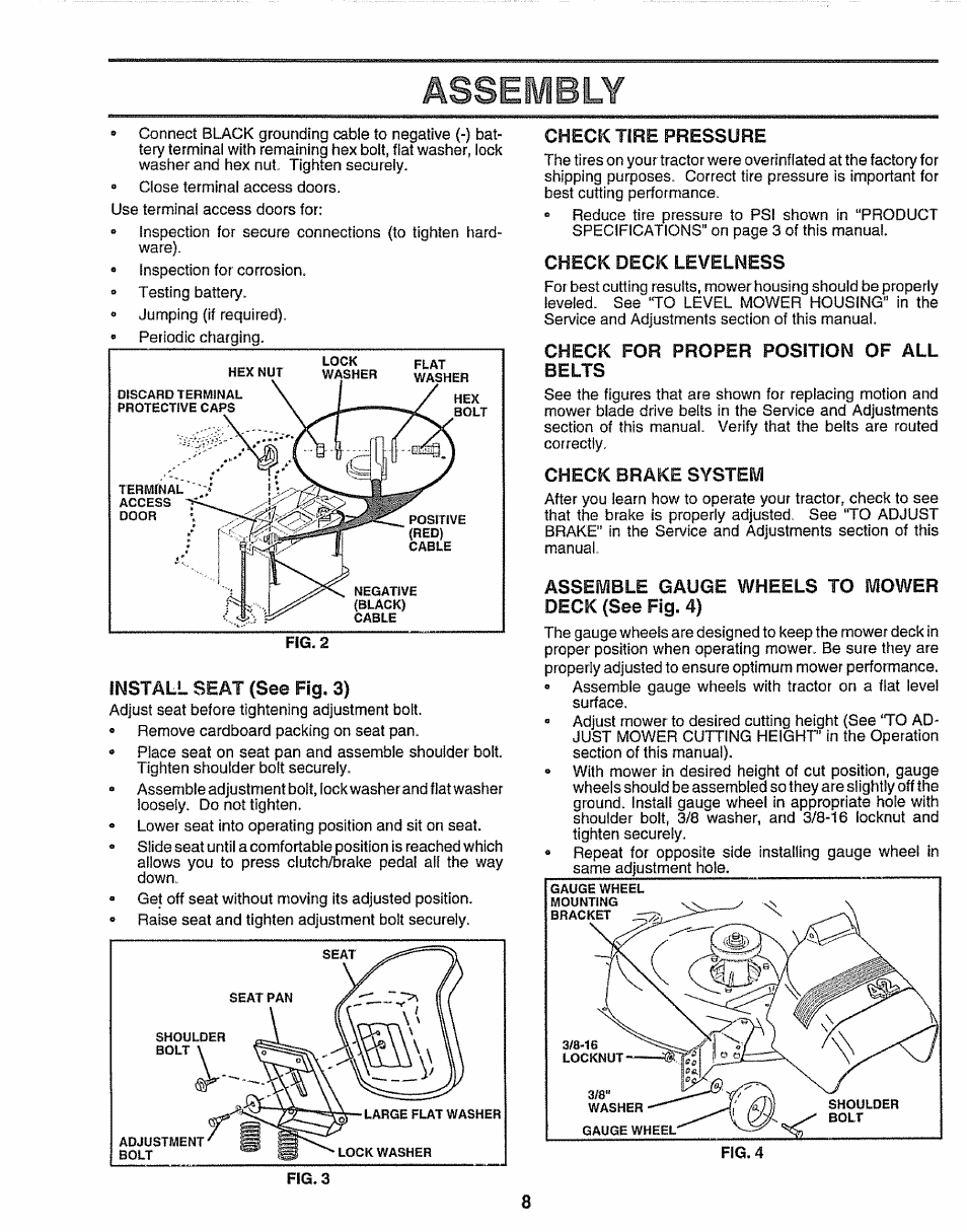 Assembly, Install seat (see fig. 3), Check tire pressure | Check deck levelness, Check for proper position of all belts, Check brake system, Assemble gauge wheels to mower deck (see fig. 4) | Craftsman 917.259172 User Manual | Page 8 / 60