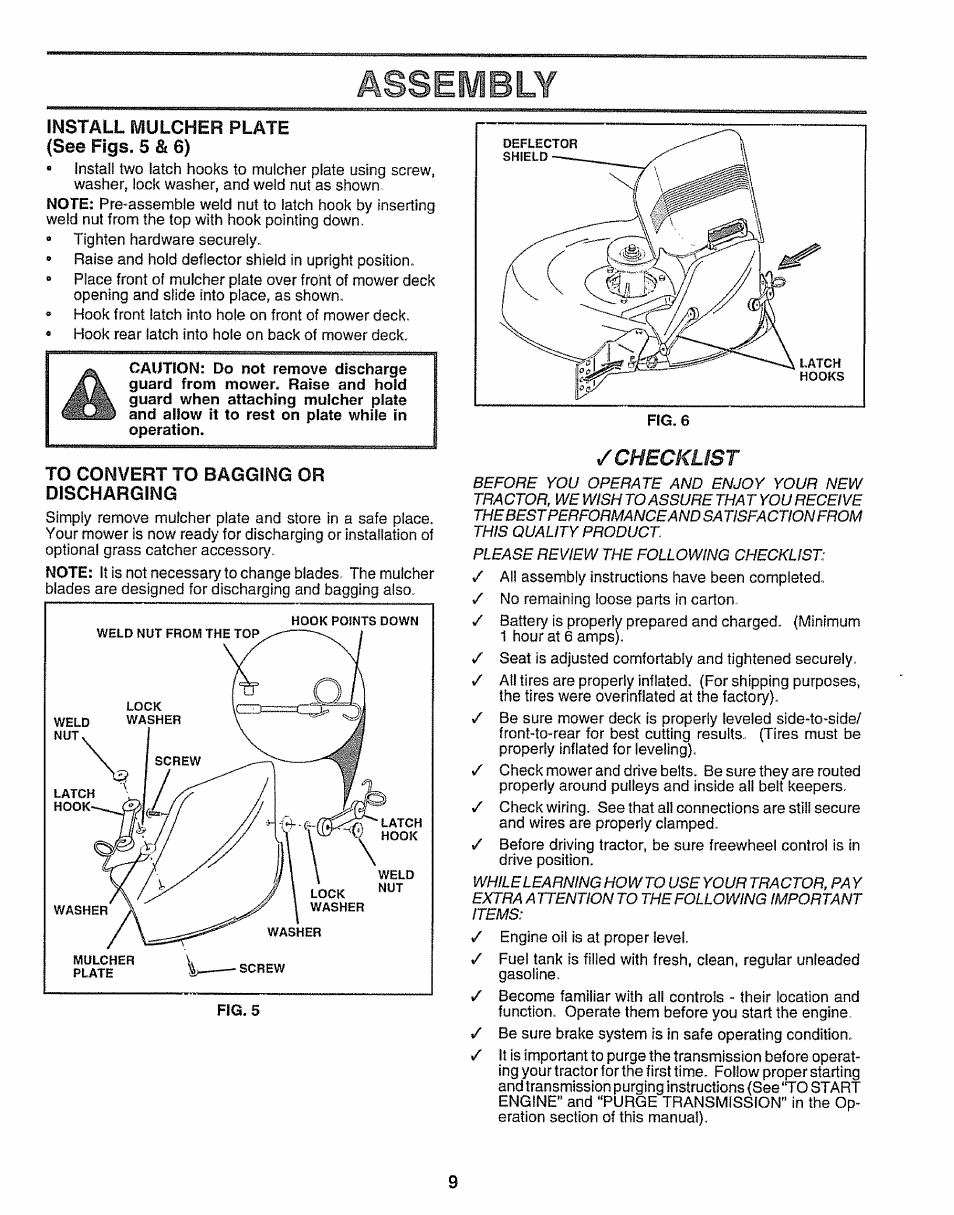 Assembly, Install mulcher plate (see figs. s & 6), To convert to bagging or discharging | Craftsman 917.259172 User Manual | Page 9 / 60