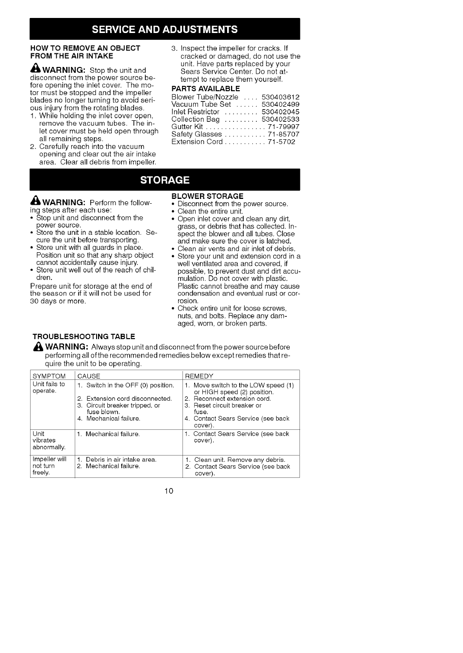 Service and adjustments, Storage | Craftsman 358.799432 User Manual | Page 10 / 10