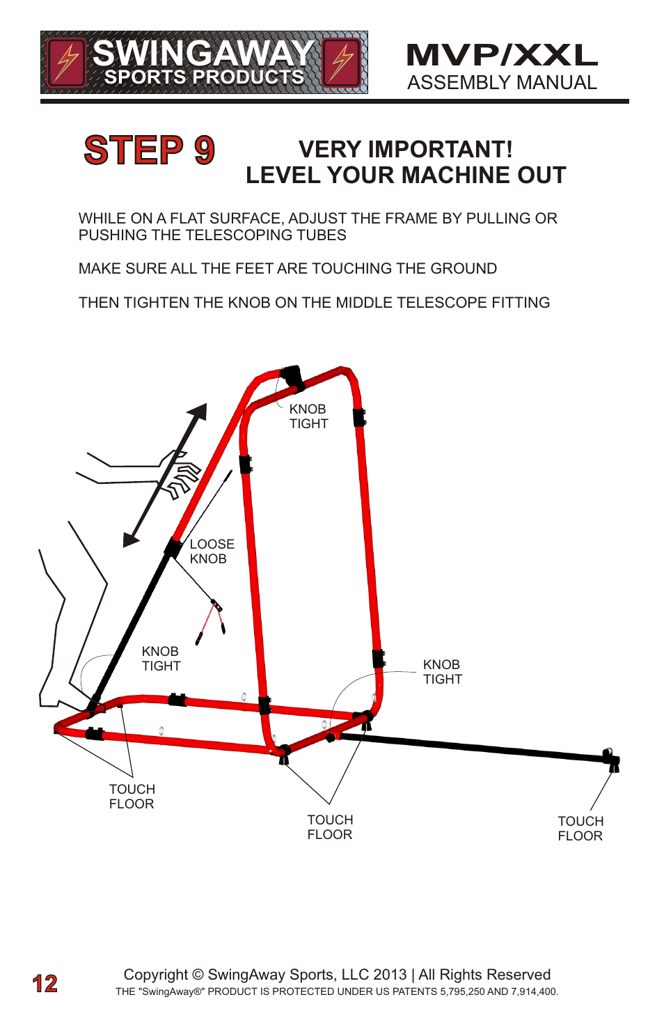 Step 9, Swingaway, Mvp/xxl | Very important! level your machine out | SwingAway SWGSB100 User Manual | Page 14 / 24