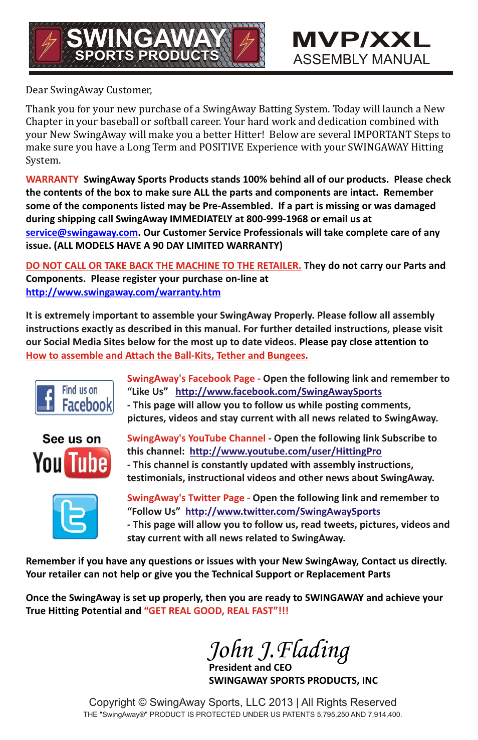 John j.flading, Swingaway, Mvp/xxl | Assembly manual | SwingAway SWGSB100 User Manual | Page 2 / 24