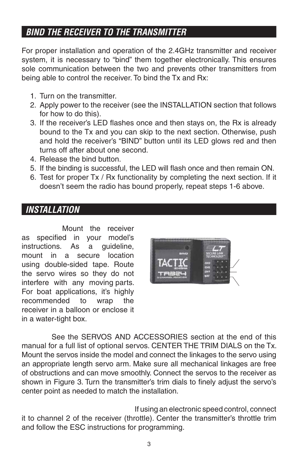 Bind the receiver to the transmitter, Installation | Tactic TTX240 2-Ch SLT Surface User Manual | Page 3 / 8