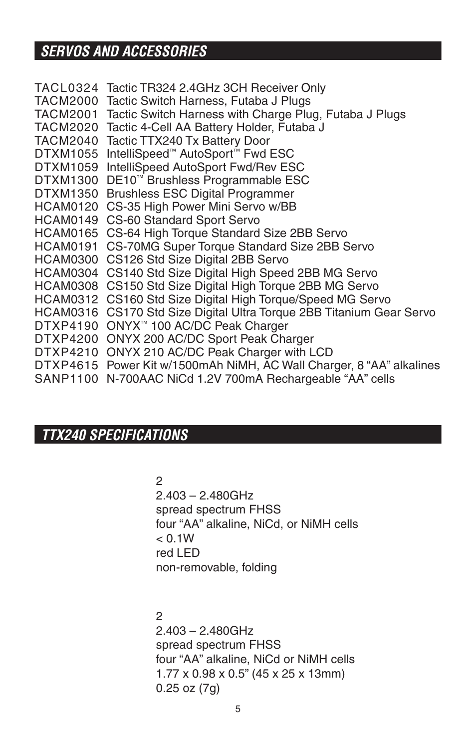 Servos and accessories, Ttx240 specifications | Tactic TTX240 2-Ch SLT Surface User Manual | Page 5 / 8