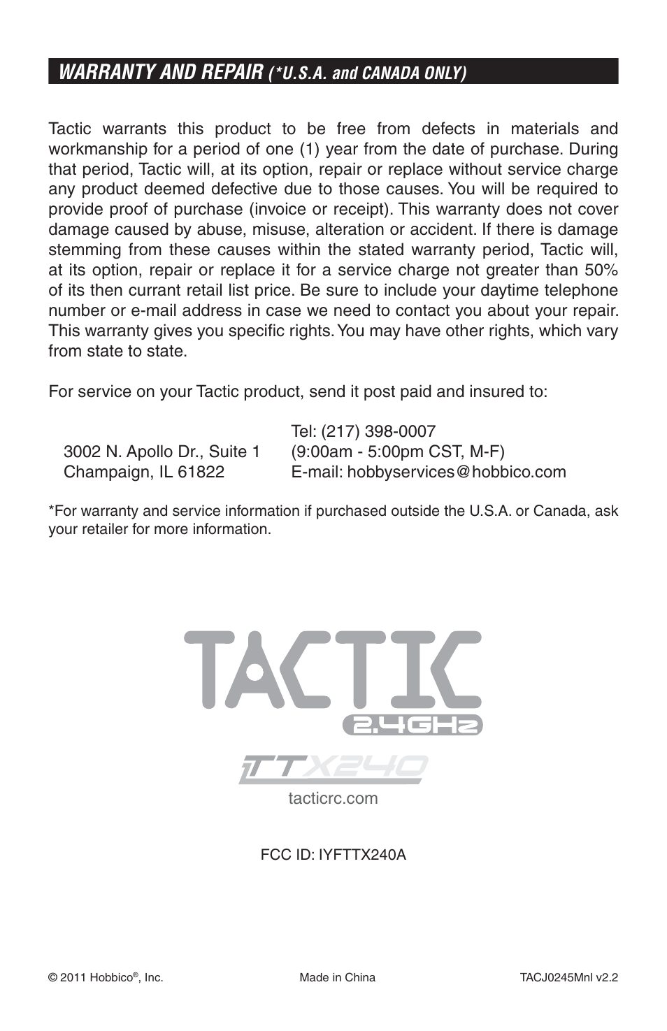 Warranty and repair | Tactic TTX240 2-Ch SLT Surface User Manual | Page 8 / 8