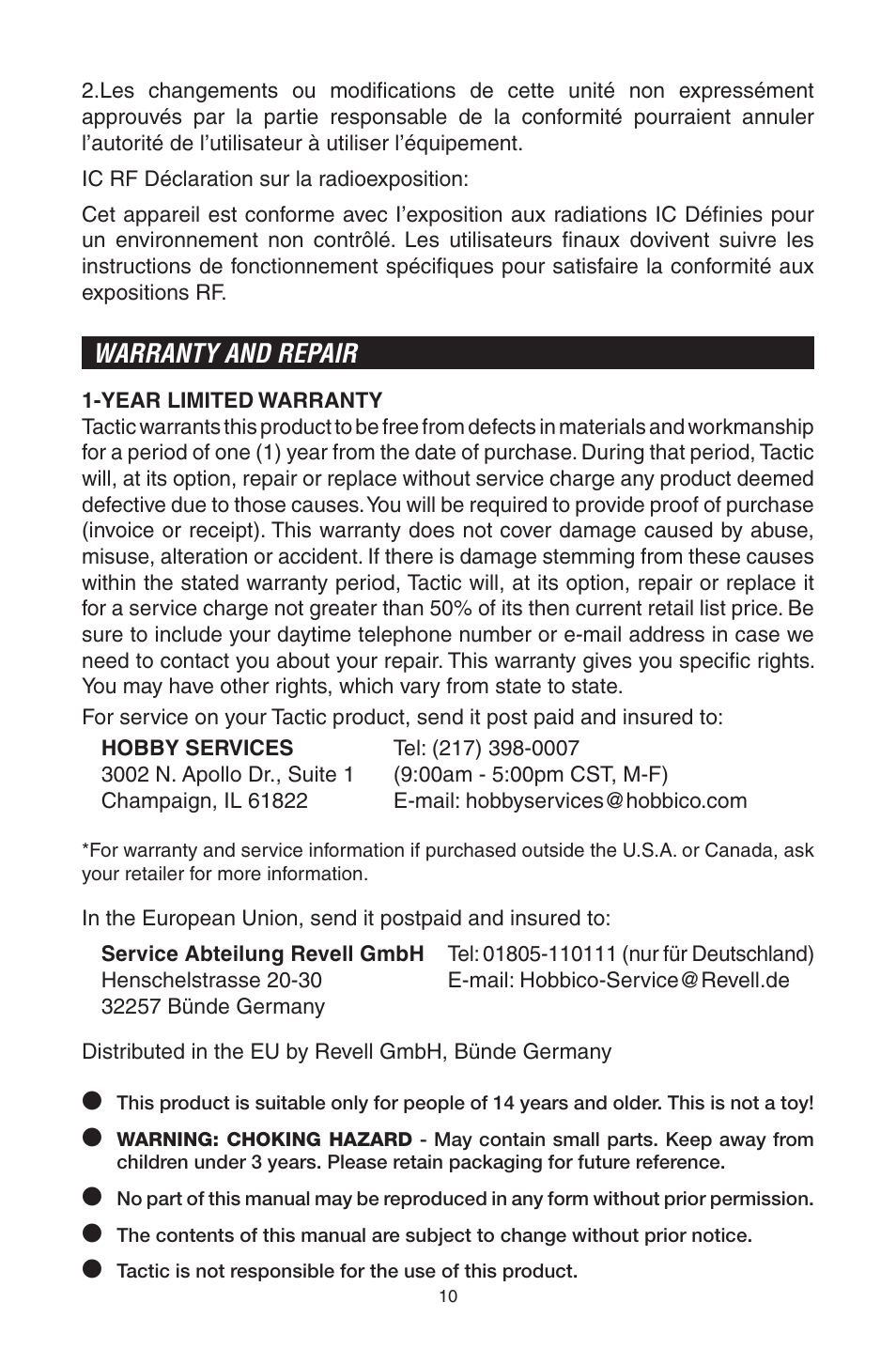 Warranty and repair | Tactic TTX300 3-Ch SLT User Manual | Page 10 / 12